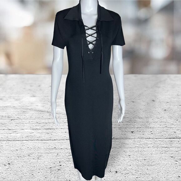 Alice + Olivia Black Short Sleeve Lace Up Neck Collar Dress - Picture 2 of 8